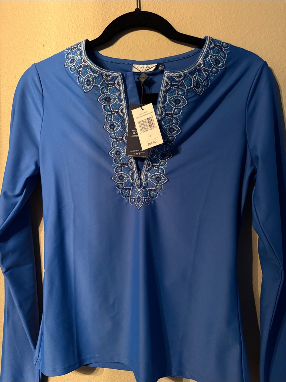 Cabana Life Blue Long-Sleeve Swim Tee with Embroidered V-Neck
